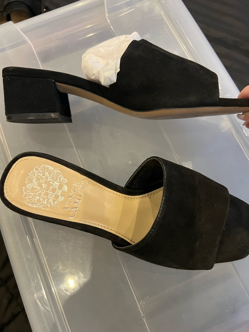 Black Suede Open-Toe Block Heel Mules - Women. - Picture 2 of 4